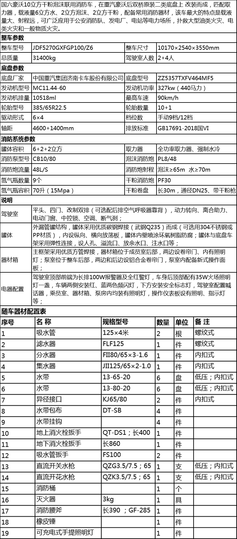 國六豪沃后雙橋干粉泡沫聯(lián)用消防車